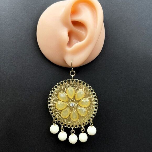 Yellow Gold with Champagne Crystal and White Beaded Medallion Hook Earrings - Picture 9 of 10